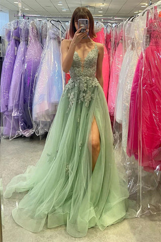 A Line V Neck Sage Green Lace Prom Dresses, Green Lace Formal Gradution Dresses