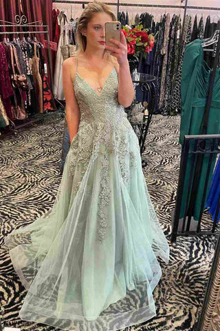 A Line V Neck Sage Lace Prom Dresses, Green Sage Lace Formal Evening Dresses