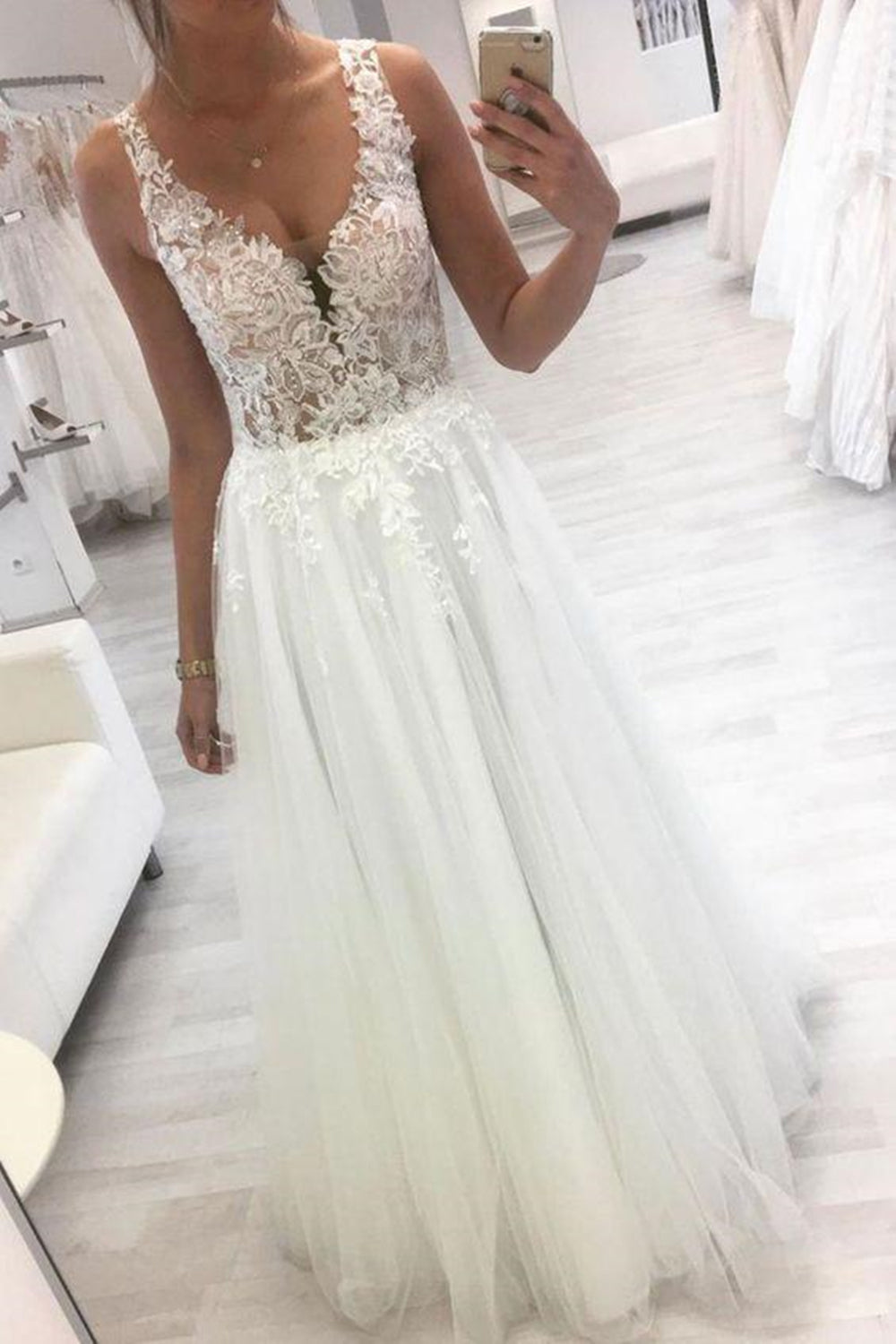 A Line V Neck White Lace Long Prom Dresses, White Lace Formal Dresses, White Evening Dresses EP1568