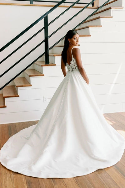 A Line V Neck White Long Prom Wedding Dresses with Lace Back, V Neck White Formal Evening Dresses EP1337