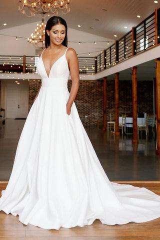 A Line V Neck White Long Prom Wedding Dresses with Lace Back, V Neck White Formal Evening Dresses EP1337