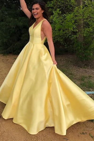 A Line V Neck Yellow Satin Long Prom Dresses with Pocket, Long V Neck Yellow Formal Evening Dresses