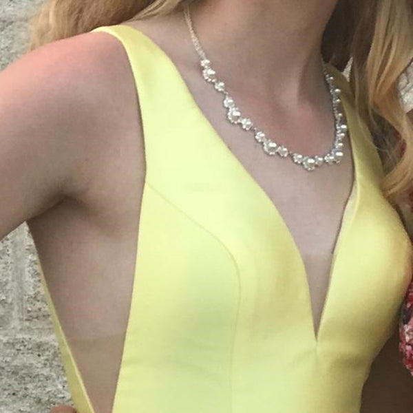 A Line V Neck Yellow Satin Long Prom Dresses with Pocket, Long V Neck Yellow Formal Evening Dresses
