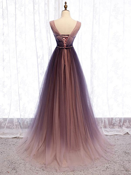 A Line V Neck Purple Ombre Prom Dresses, V Neck Purple Ombre Formal Evening Dresses