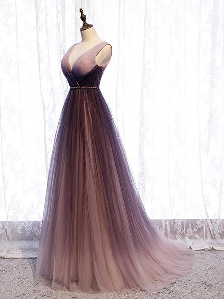 A Line V Neck Purple Ombre Prom Dresses, V Neck Purple Ombre Formal Evening Dresses