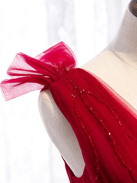 A Line V Neck Red Tea Length Prom Dress with Corset Back, Red Tea Length Formal Graduation Dresses