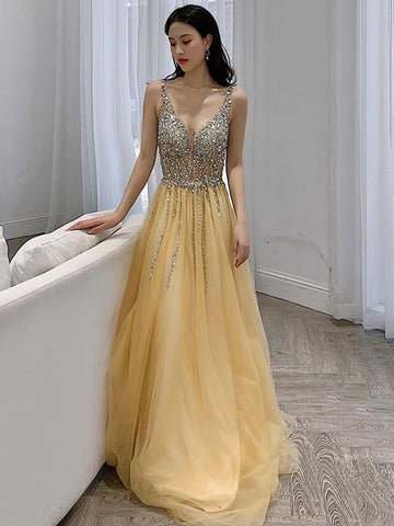 A Line V Neck Yellow Backless Long Prom Dresses, Open Back Yellow Long Formal Evening Dresses