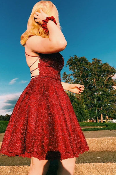 Backless Beaded Burgundy Lace Short Prom Dresses, Burgundy Lace Homecoming Dresses, Burgundy Formal Evening Dresses EP1504