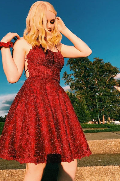 Backless Beaded Burgundy Lace Short Prom Dresses, Burgundy Lace Homecoming Dresses, Burgundy Formal Evening Dresses EP1504