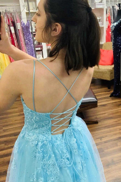 Backless Beaded Light Blue Lace Tulle Long Prom Dresses, Light Blue Lace Formal Graduation Evening Dresses EP1855