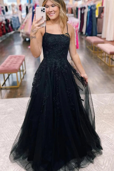 Backless Black Lace Prom Dresses, Open Back Black Lace Formal Evening Dresses