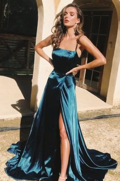 Backless Dark Green Satin Long Prom Dresses with High Slit, Backless Dark Green Formal Graduation Evening Dresses EP1686