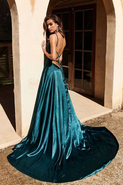 Backless Dark Green Satin Long Prom Dresses with High Slit, Backless Dark Green Formal Graduation Evening Dresses EP1686