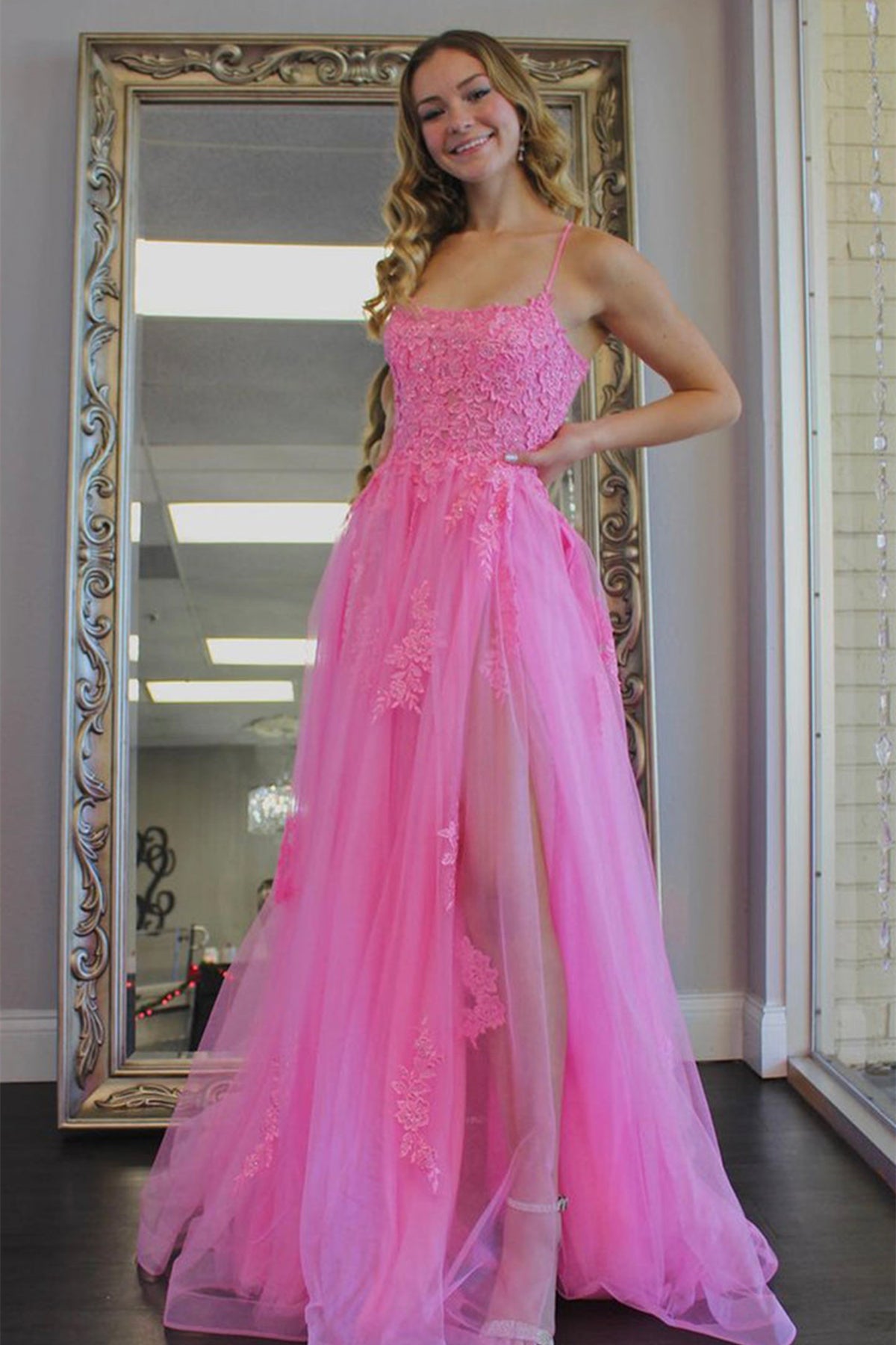 Backless High Slit Pink Tulle Lace Long Prom Dresses, Pink Lace Formal Dresses, Pink Evening Dresses EP1685