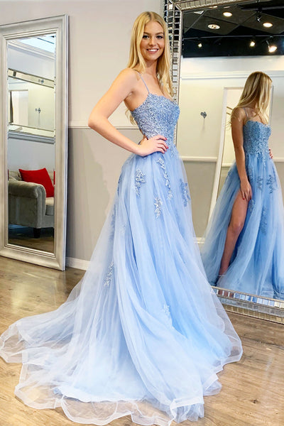 Backless Light Blue Lace Floral Long Prom Dresses with High Slit, Light Blue Lace Formal Graduation Evening Dresses EP1794