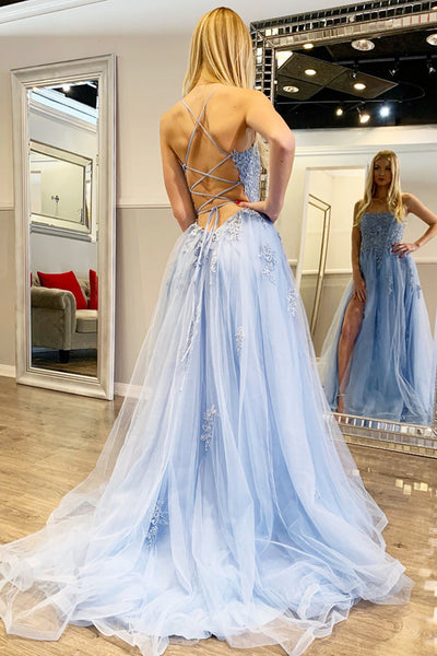 Backless Light Blue Lace Floral Long Prom Dresses with High Slit, Light Blue Lace Formal Graduation Evening Dresses EP1794