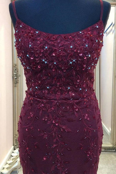 Backless Mermaid Beaded Maroon Lace Long Prom Dresses, Backless Burgundy Lace Formal Dresses, Burgundy Tulle Evening Dresses EP1864