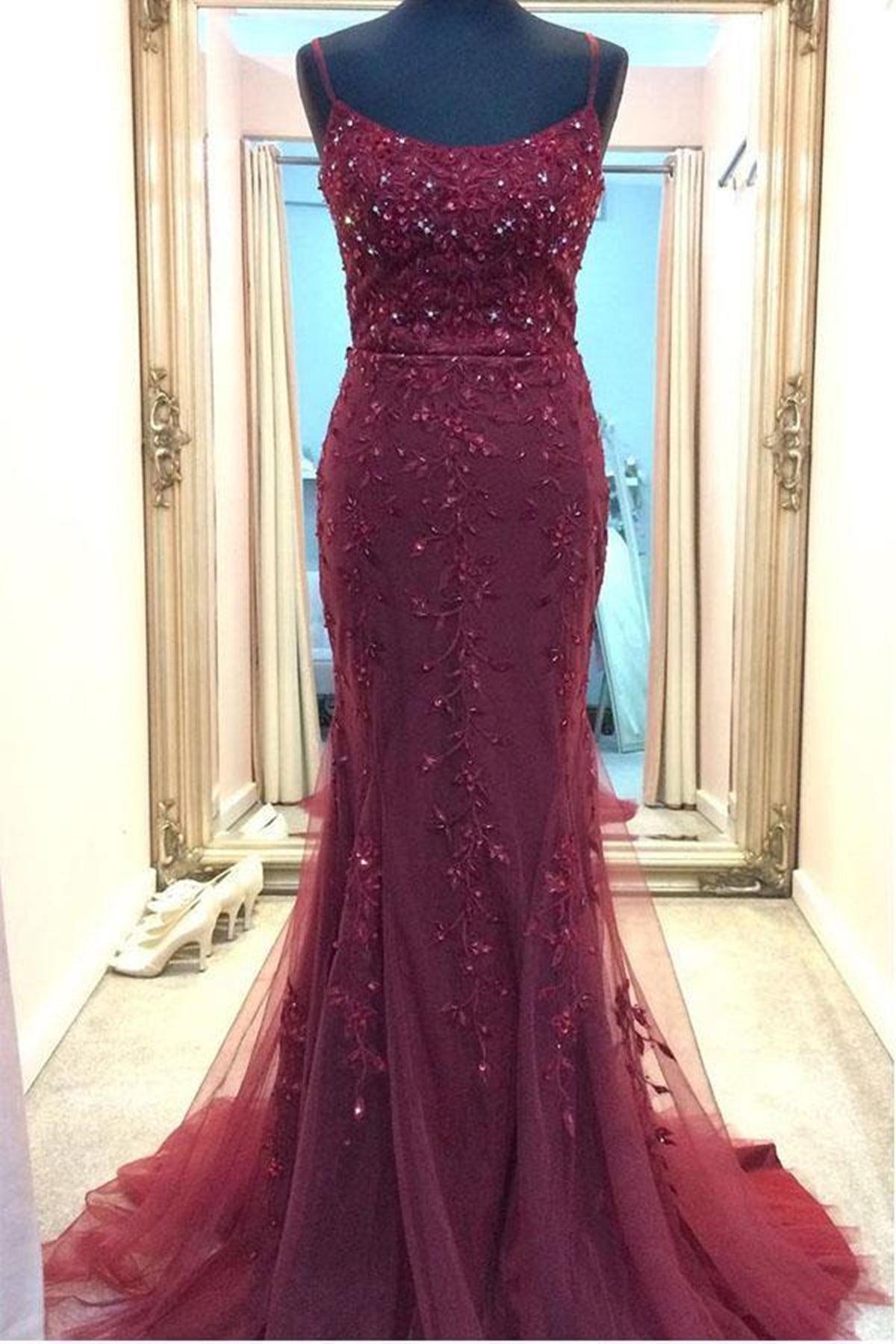 Backless Mermaid Beaded Maroon Lace Long Prom Dresses, Backless Burgundy Lace Formal Dresses, Burgundy Tulle Evening Dresses EP1864