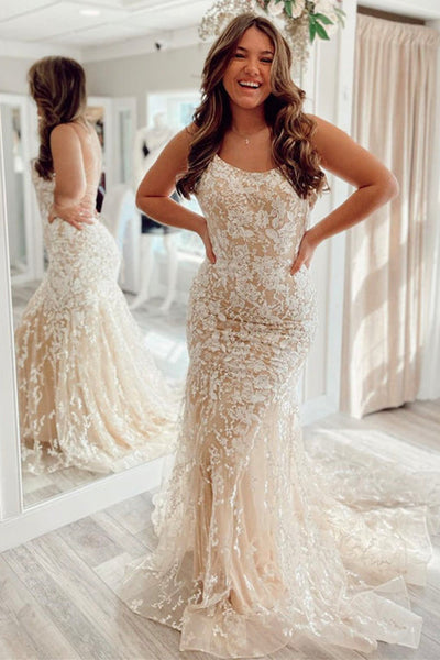 Backless Mermaid Champagne Lace Long Prom Dresses, Champagne Lace Formal Graduation Evening Dresses EP1731