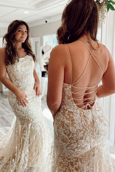 Backless Mermaid Champagne Lace Long Prom Dresses, Champagne Lace Formal Graduation Evening Dresses EP1731