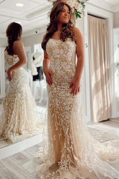 Backless Mermaid Champagne Lace Long Prom Dresses, Champagne Lace Formal Graduation Evening Dresses EP1731