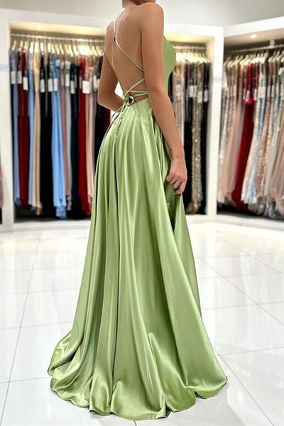 Backless Mint Green Long Prom Dresses, Open Back Green Long Formal Evening Dresses