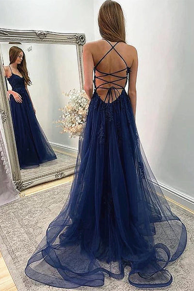 Backless Navy Blue Lace Prom Dresses, Open Back Navy Blue Long Lace Formal Evening Dresses
