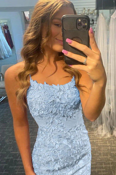 Backless Short Light Blue Lace Prom Dresses, Short Light Blue Lace Formal Homecoming Dresses