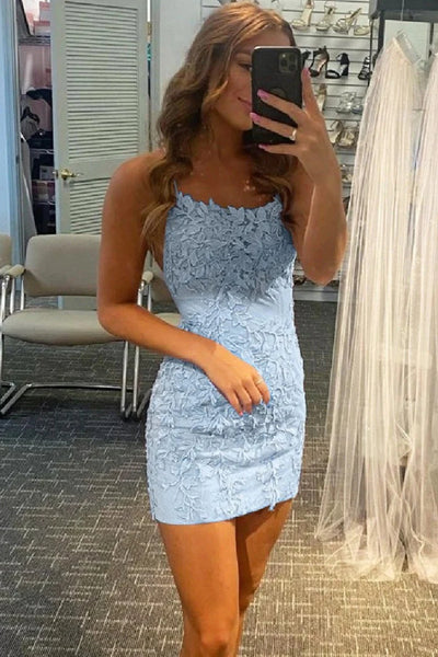 Backless Short Light Blue Lace Prom Dresses, Short Light Blue Lace Formal Homecoming Dresses