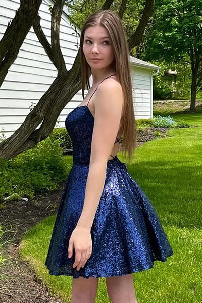 Backless Short Navy Blue Prom Dresses, Open Back Short Blue Formal Homecoming Dresses