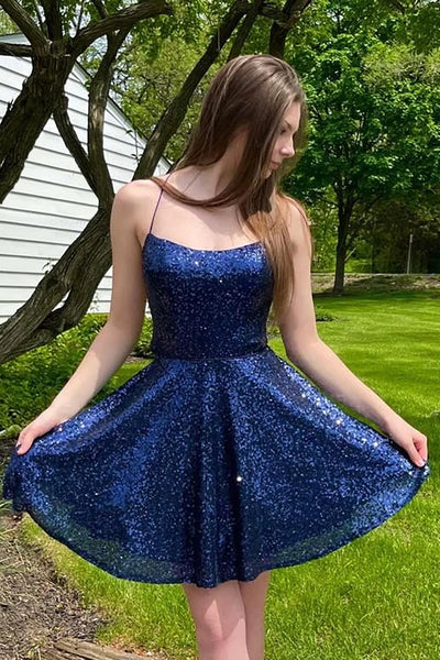 Backless Short Navy Blue Prom Dresses, Open Back Short Blue Formal Homecoming Dresses