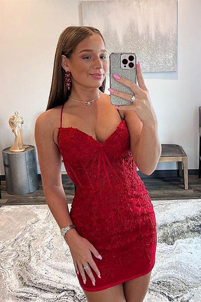 Backless Short Red Lace Prom Dresses, Open Back Short Red Lace Graduation Homecoming Dresses