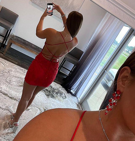 Backless Short Red Lace Prom Dresses, Open Back Short Red Lace Graduation Homecoming Dresses