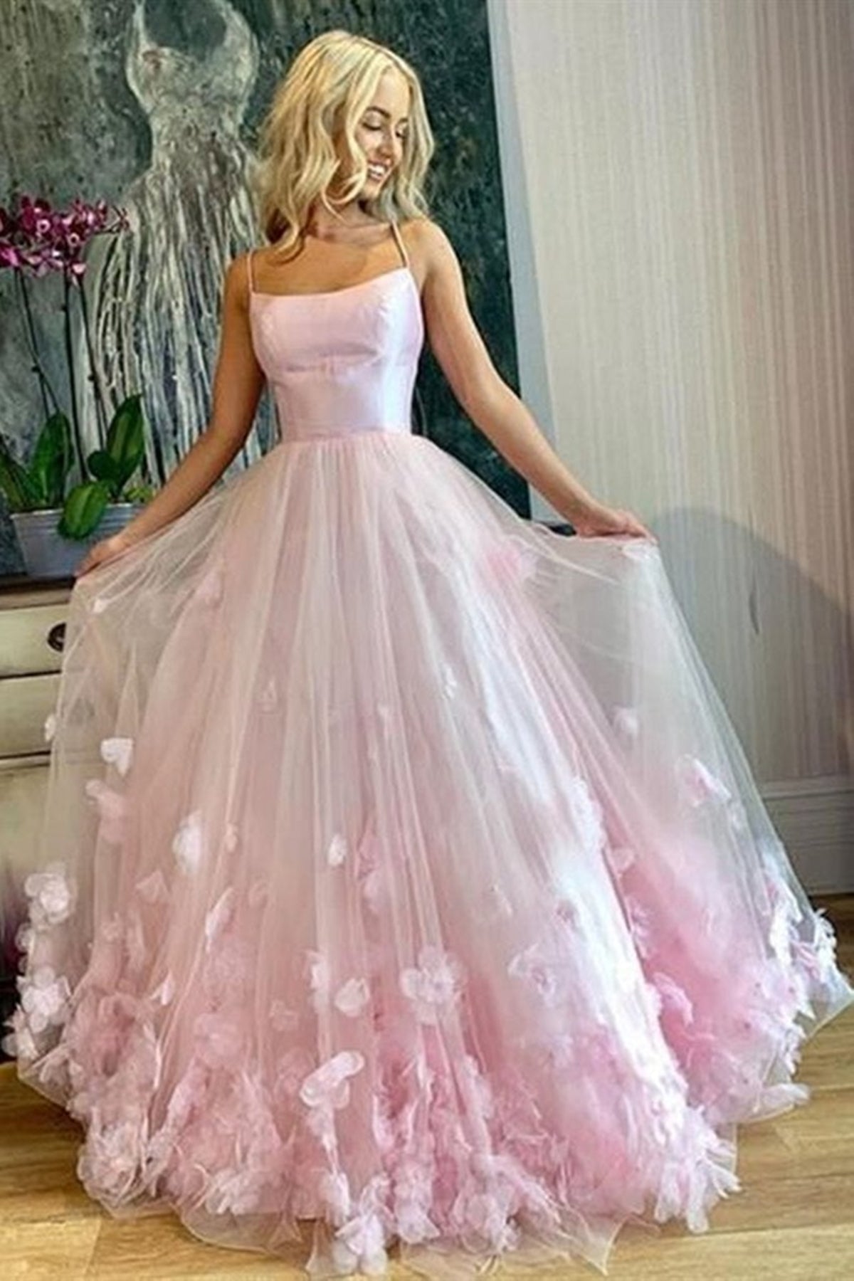 Beauty Pink Floral Tulle Long Prom Dresses, Pink Formal Dresses with 3D Flowers, Long Pink Evening Dresses EP1672