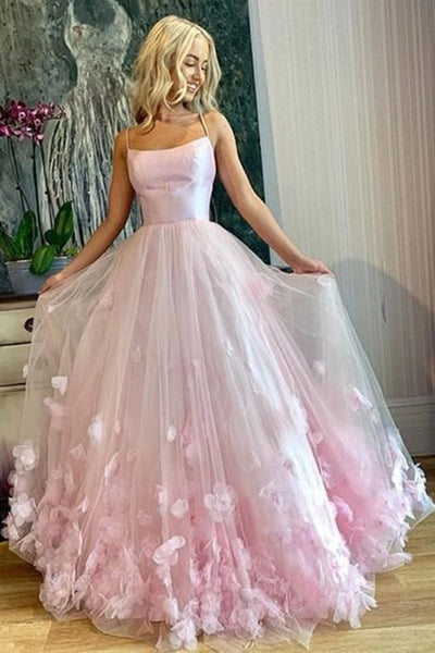 Beauty Pink Floral Tulle Long Prom Dresses, Pink Formal Dresses with 3D Flowers, Long Pink Evening Dresses EP1672