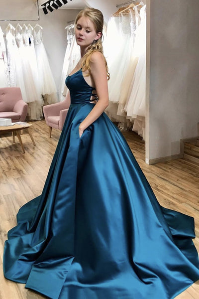 Blue Satin Backless A Line Long Prom Dress with Pocket Thin Straps Formal Dress Open Back Blue Evening Dress