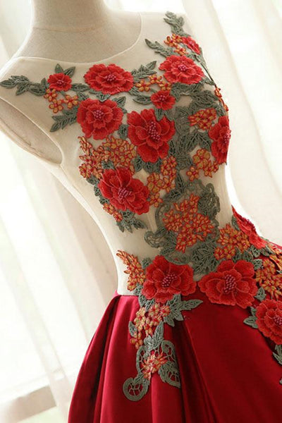 Burgundy Floral Long Prom Dresses, Wine Red Long Flower Formal Evening Dresses