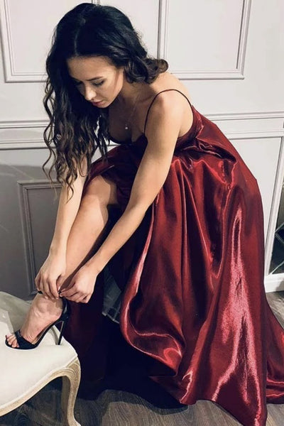 Burgundy Satin Open Back A Line Long Prom Dress V Neck Open Back Formal Dress Thin Straps Evening Dress