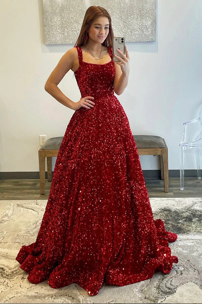 Burgundy Sequins Long Prom Dresses, Shiny Wine Red Long Formal Evening Dresses