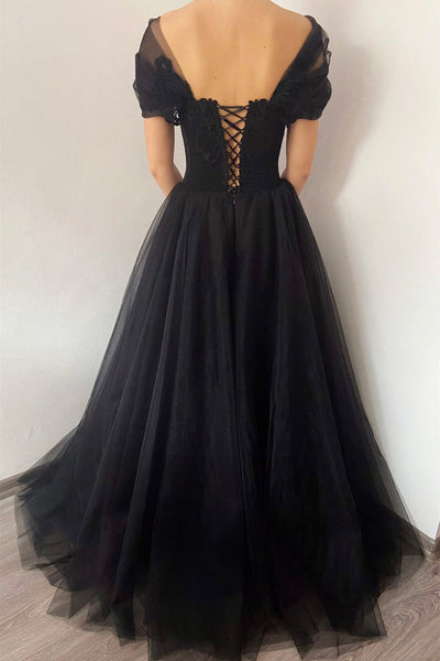 Cap Sleeves V Neck Black Lace Long Prom Dresses, V Neck Black Formal Dresses, Black Lace Evening Dresses EP1705