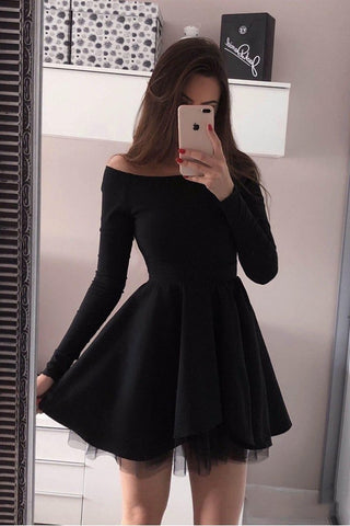 Custom Made Long Sleeves Black Short Prom Dresses, Black Homecoming Dresses, Long Sleeves Formal Evening Dresses