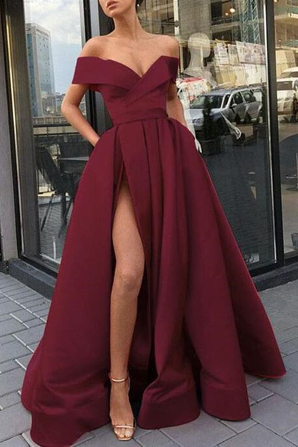 Custom Made Off the Shoulder Burgundy Long Prom Dresses, Off Shoulder High Slit Burgundy Formal Dresses, Burgundy Evening Dresses