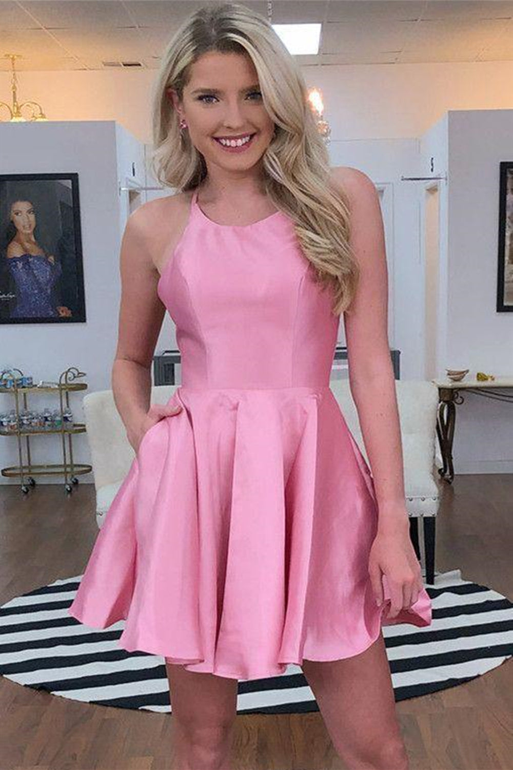 Cute A Line Backless Pink Satin Short Pom Homecoming Dresses, Backless Pink Formal Dresses, Pink Evening Dresses EP1584