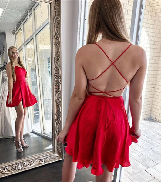 Cute Backless Burgundy Satin Short Prom Dresses, Red Backless Homecoming Dresses, Burgundy Formal Evening Dresses EP1549