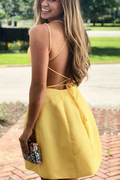 Cute Backless Yellow Satin Short Prom Dresses with Pocket, Backless Yellow Homecoming Dresses, Yellow Formal Evening Dresses EP1404
