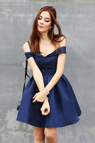 Cute Off Shoulder Dark Blue Short Prom Homecoming Dresses, Off the Shoulder Dark Blue Formal Graduation Evening Dresses EP1448