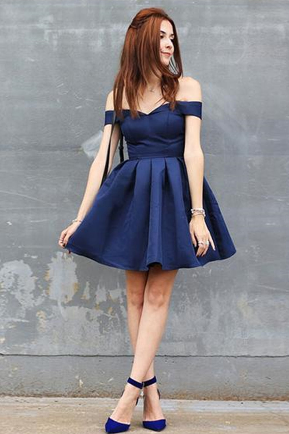 Cute Off Shoulder Dark Blue Short Prom Homecoming Dresses, Off the Shoulder Dark Blue Formal Graduation Evening Dresses EP1448