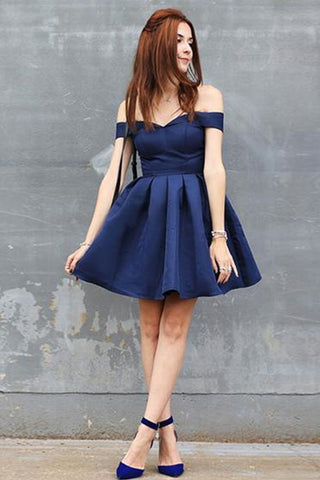 Cute Off Shoulder Dark Blue Short Prom Homecoming Dresses, Off the Shoulder Dark Blue Formal Graduation Evening Dresses EP1448