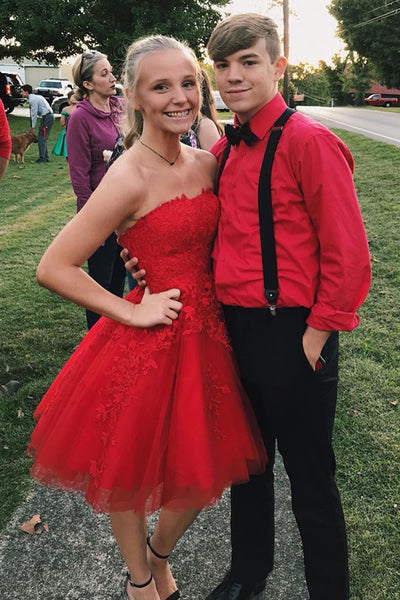 Cute Strapless Red Lace Short Prom Dresses, Red Lace Homecoming Dresses, Red Formal Evening Dresses EP1608