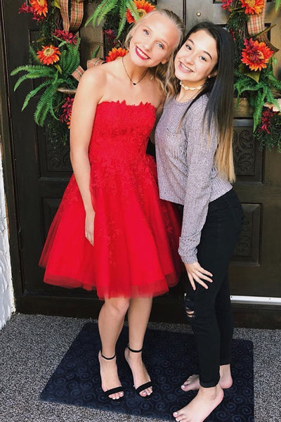 Cute Strapless Red Lace Short Prom Dresses, Red Lace Homecoming Dresses, Red Formal Evening Dresses EP1608